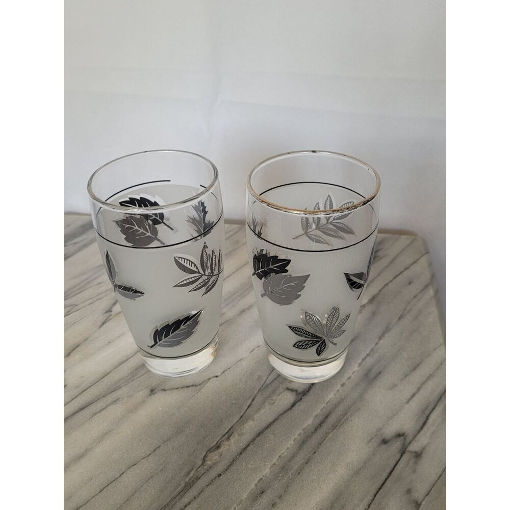 Vintage 1960's 12 Ounce‎ Libby Frosted Silver Leaf Tumblers Glasses 5 & 1/4